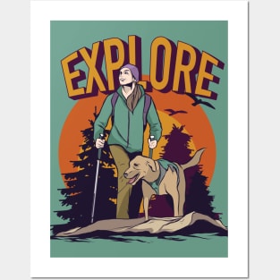 Explore | Hiker with Yellow Lab Posters and Art